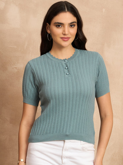 Clapton Women Knitted  Round Neck  T-shirt SKY -3105
