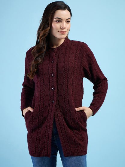 Clapton Cable Knit  Design Woolen  Longline Cardigan Sweater for women and Girls Maroon