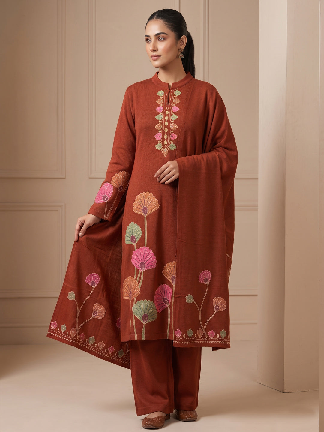 Woolen Embroidered  winter wear Kurti & Pant and Dupatta Set RUST
