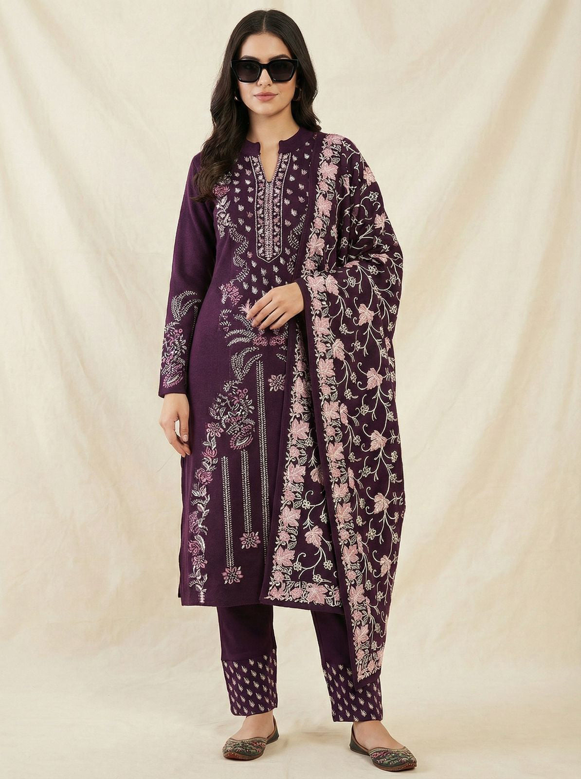 Clapton Embroidered  wool blends for winter wear Straight-fit kurta with trousers and a dupatta (shawl) Purple