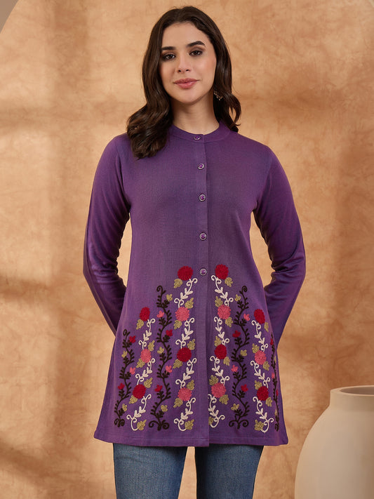 Women's Mixture Floral Embroidered Long Cardigan, Button-Front, Round Neck, Full Sleeves