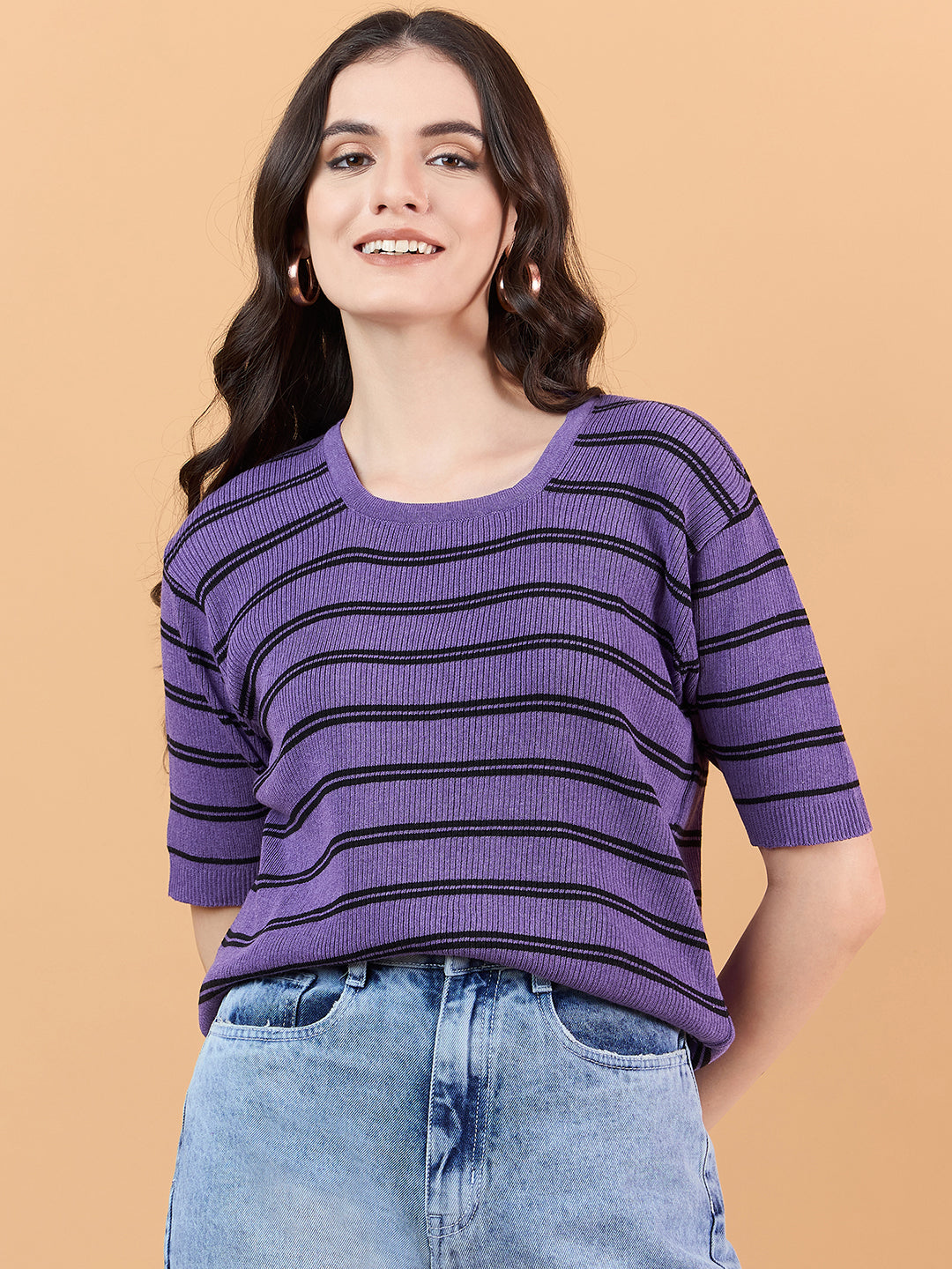 clapton Women Cotton knitted Striped Design T-shirt  Purple Mauve