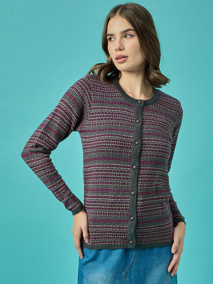 Women Md-Grey Self Striped Round Neck Cardigan