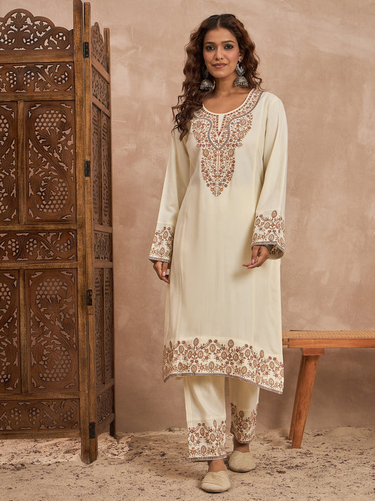 Woolen Embroidered 2-piece winter wear Kurti & Pant Set White
