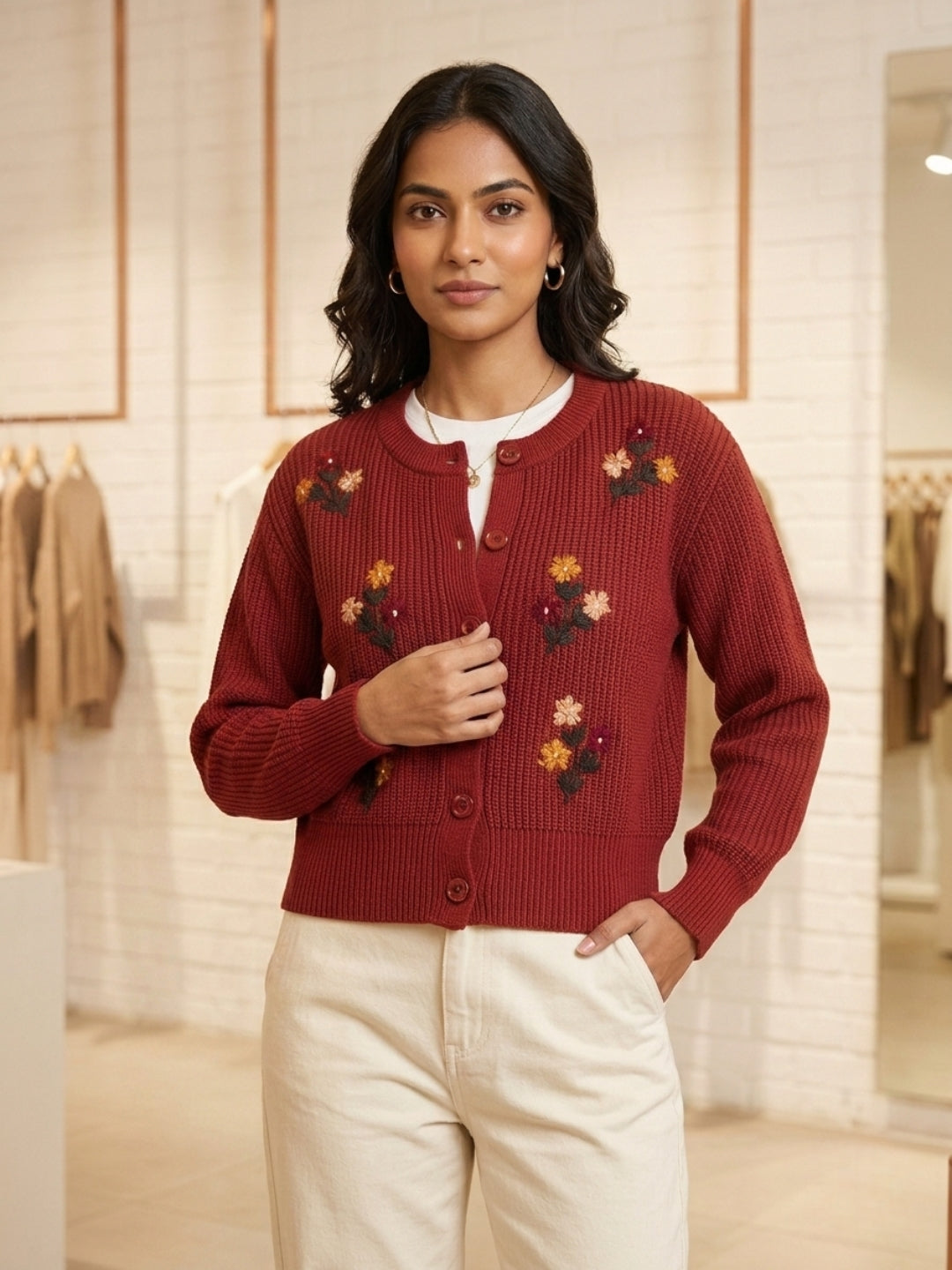 Women'S Black Knit Cardigan With Floral Embroidery, Button-Front, Round Neck, Full Sleeves Maroon