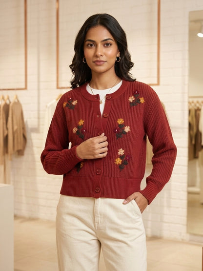Women'S Black Knit Cardigan With Floral Embroidery, Button-Front, Round Neck, Full Sleeves Maroon