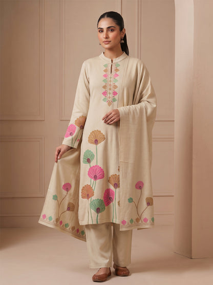 Woolen Embroidered  winter wear Kurti & Pant and Dupatta Set Beige