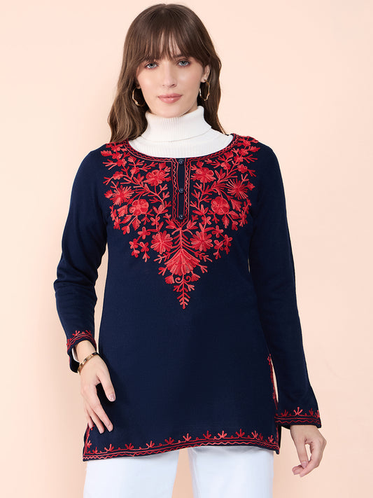 Women's  Kurti with Orange Floral Embroidery, Long Sleeves, winter wear Navy Blue