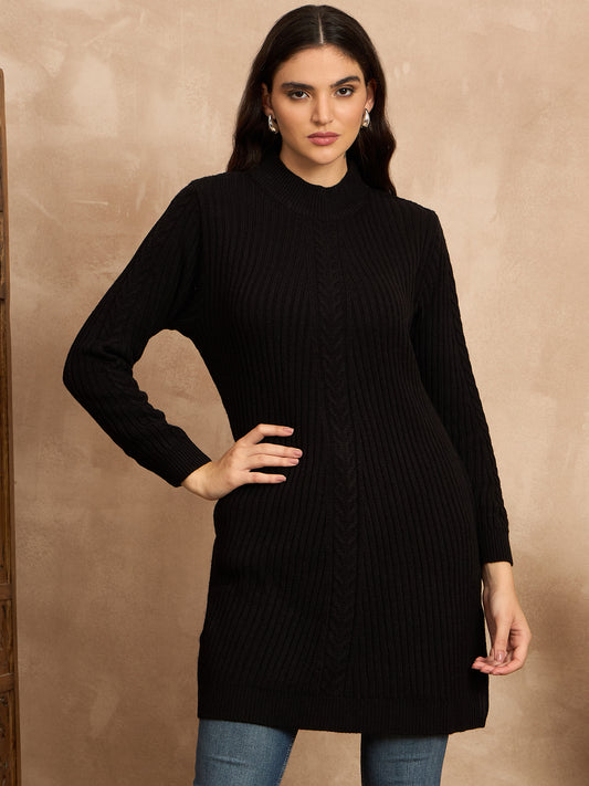 CLAPTON Women’s Wool Blend Ribbed Knit Tunic Sweater with Mock Neck & Full Sleeves Black