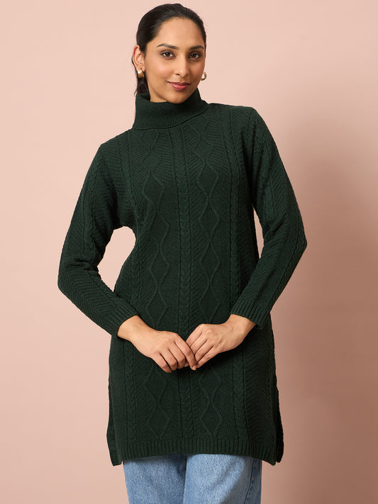 Clapton Cable Knitted  Wool Winter Wear Women’S Long Cardigan Green