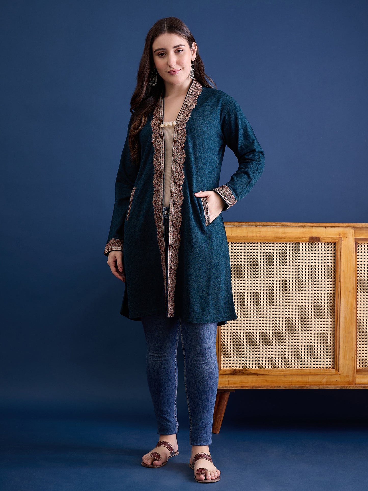 clapton Harbor-Blue Plain Pure Wool Long Jacket from Kashmir with Paisley Aari Embroidery on Border