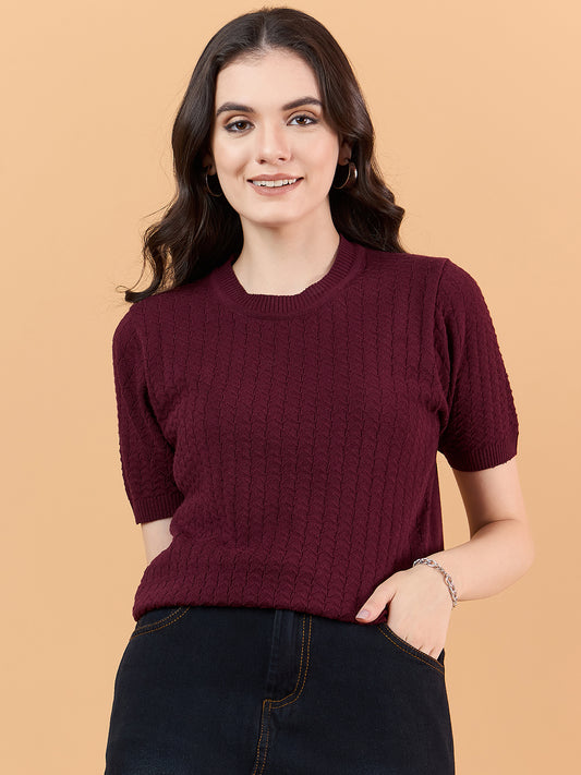 clapton Women Self knitted cotton Design T-shirt  Maroon