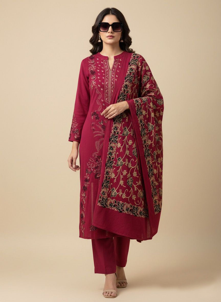 Clapton Embroidered  wool blends for winter wear Straight-fit kurta with trousers and a dupatta (shawl) Pink
