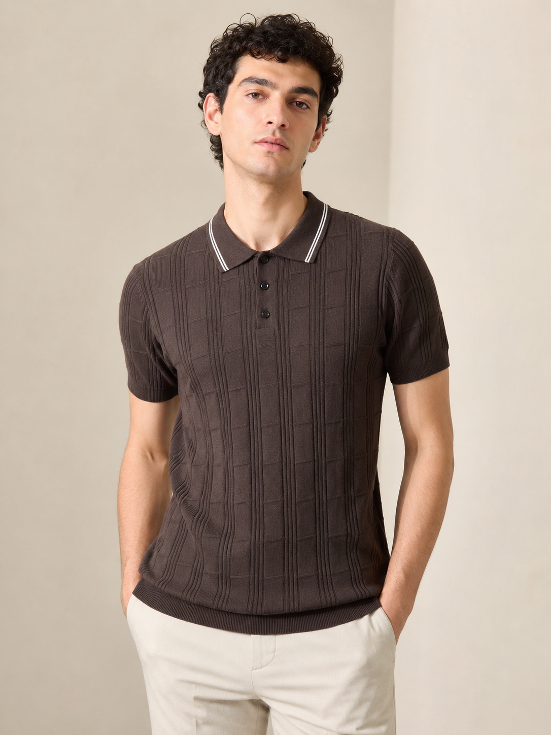 Clapton Men Knitted  Cotton Summer Wear Polo Neck Half Sleeve T-Shirt Brown