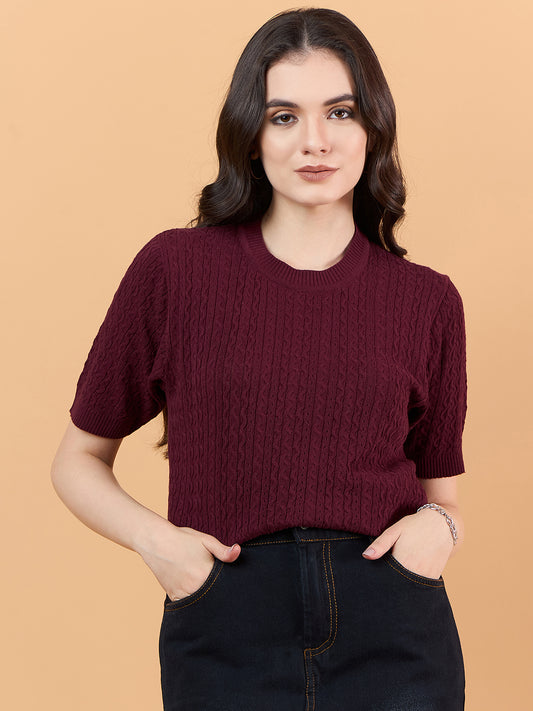 Ladies Short Sleeve Knitted cotton T Shirt solid Color maroon