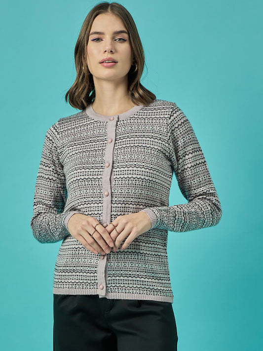 Women Pink Self Striped Round Neck Cardigan