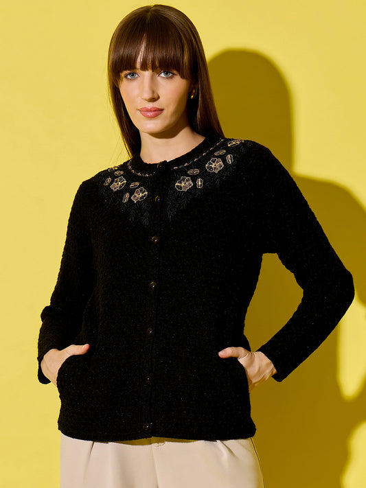 Embroidery Woolen Sleeveless Cardigan