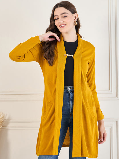 Women's Mustard Gold open neck long Sleeves, Knitted Winter Wear Shrug