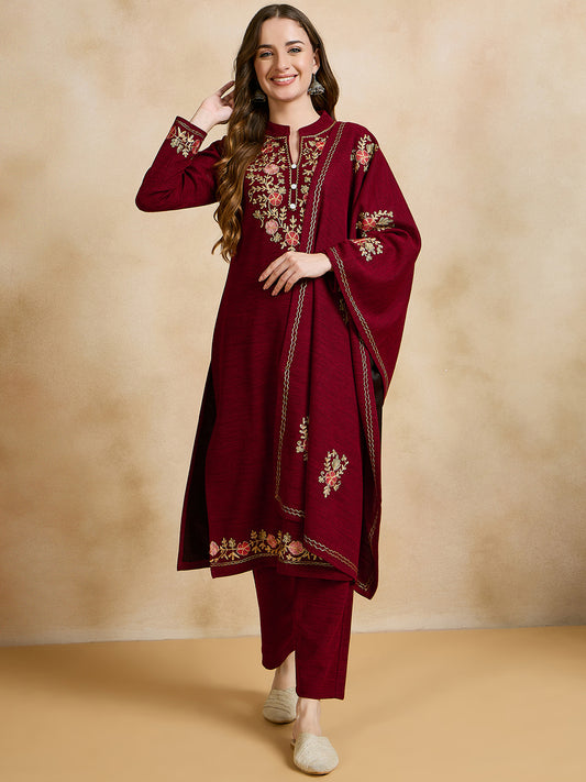 Clapton Embroidered Straight Kurta Pant With Dupatta Set Maroon
