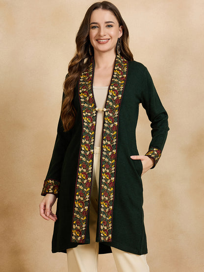 Women's Green Embroidered Sleeves, Floral Pattern, Winter Wear, Open Neck Shrug