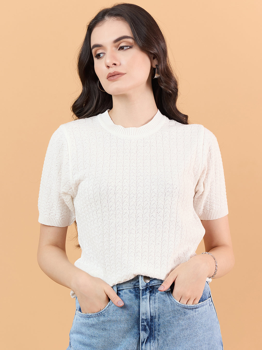 clapton Women Self knitted cotton Design T-shirt  White