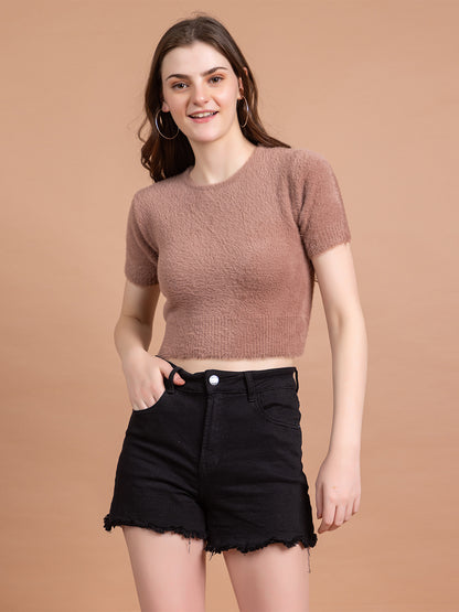 Clapton  Short-Sleeve Fuzzy Knit Crop Top Pullover Blouse Top for Women Girls Pink