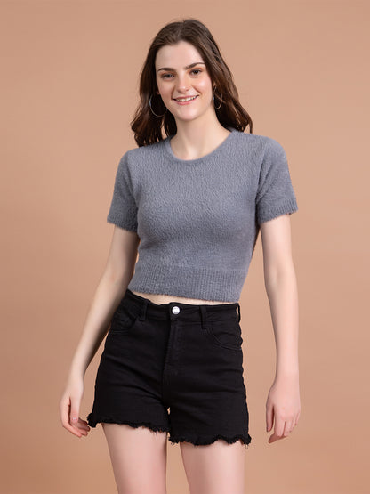 Clapton  Short-Sleeve Fuzzy Knit Crop Top Pullover Blouse Top for Women Girls Grey