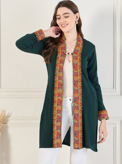 Women's Green Embroidered Sleeves, Floral Pattern, Winter Wear, Open Neck Shrug