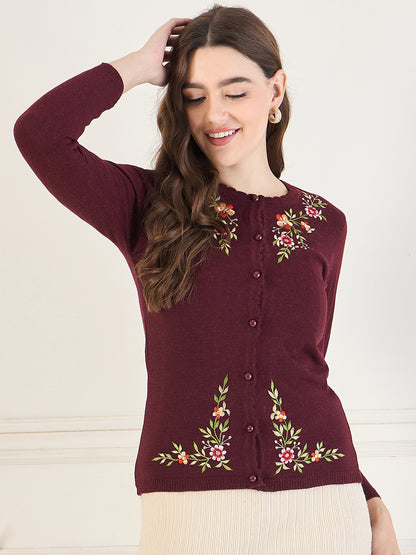 Embroidered Long Sleeves Pure Wool  Cardigan Sweater Maroon