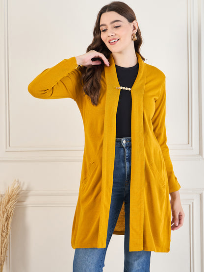 Women's Mustard Gold open neck long Sleeves, Knitted Winter Wear Shrug