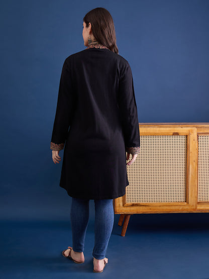 clapton Black Pure Wool Long Jacket from Kashmir with Paisley Aari Embroidery on Border (Copy) (Copy) (Copy)
