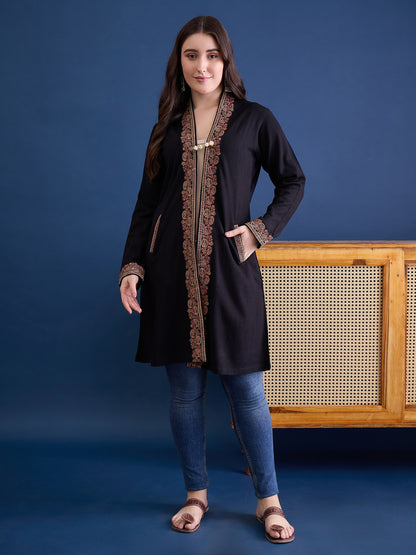 clapton Black Pure Wool Long Jacket from Kashmir with Paisley Aari Embroidery on Border (Copy) (Copy) (Copy)