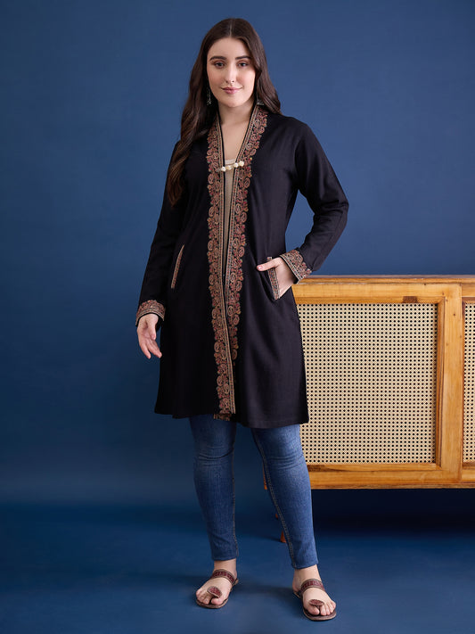 clapton Black Pure Wool Long Jacket from Kashmir with Paisley Aari Embroidery on Border (Copy) (Copy) (Copy)