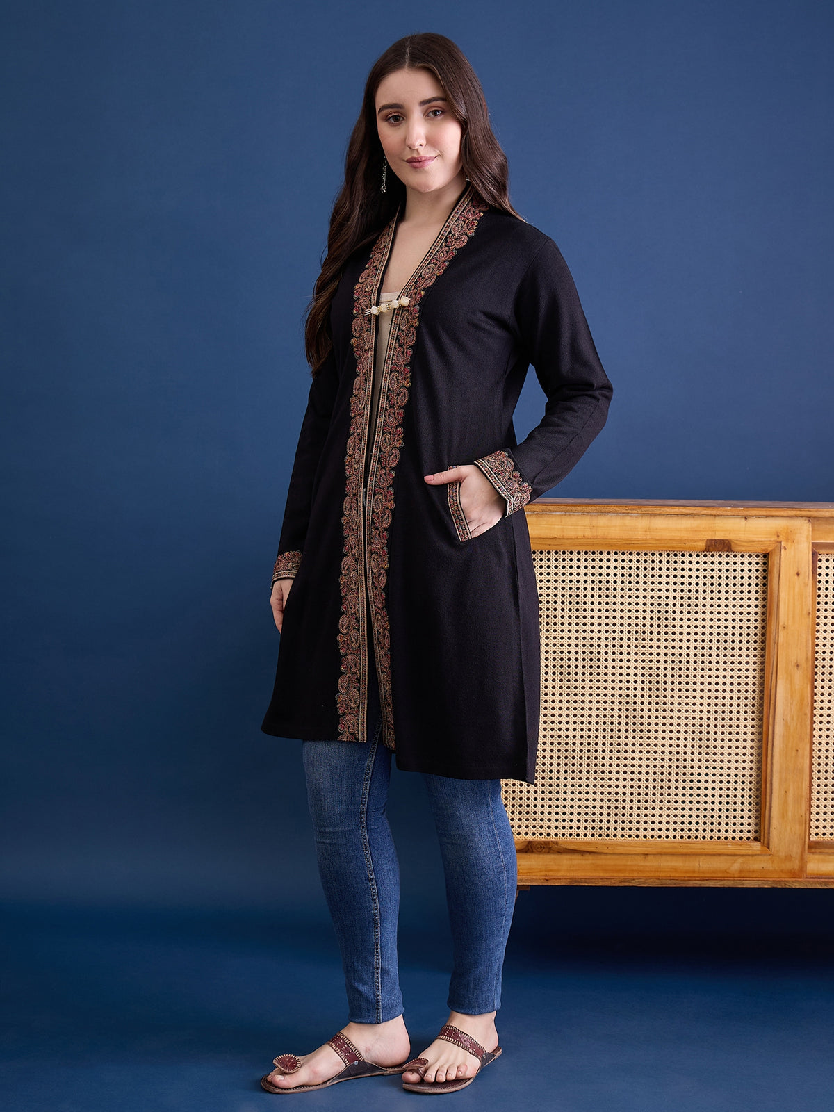 clapton Black Pure Wool Long Jacket from Kashmir with Paisley Aari Embroidery on Border (Copy) (Copy) (Copy)