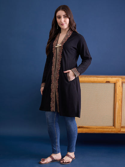 clapton Black Pure Wool Long Jacket from Kashmir with Paisley Aari Embroidery on Border (Copy) (Copy) (Copy)