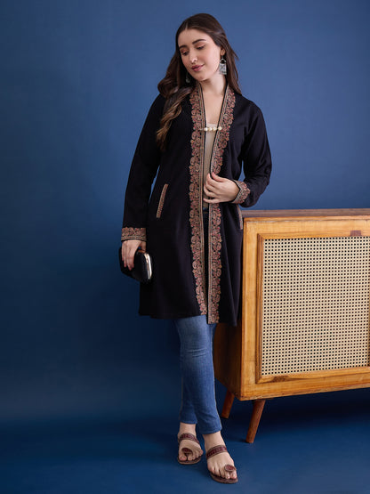 clapton Black Pure Wool Long Jacket from Kashmir with Paisley Aari Embroidery on Border (Copy) (Copy) (Copy)