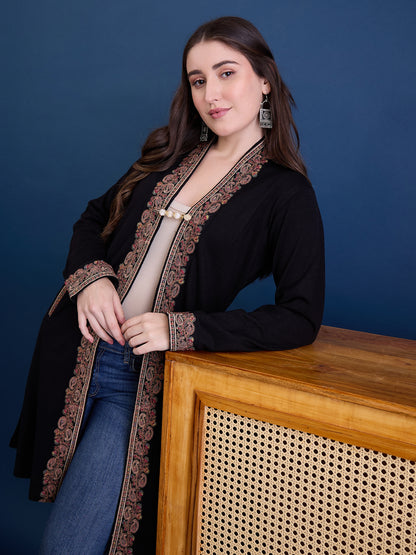 clapton Black Pure Wool Long Jacket from Kashmir with Paisley Aari Embroidery on Border (Copy) (Copy) (Copy)