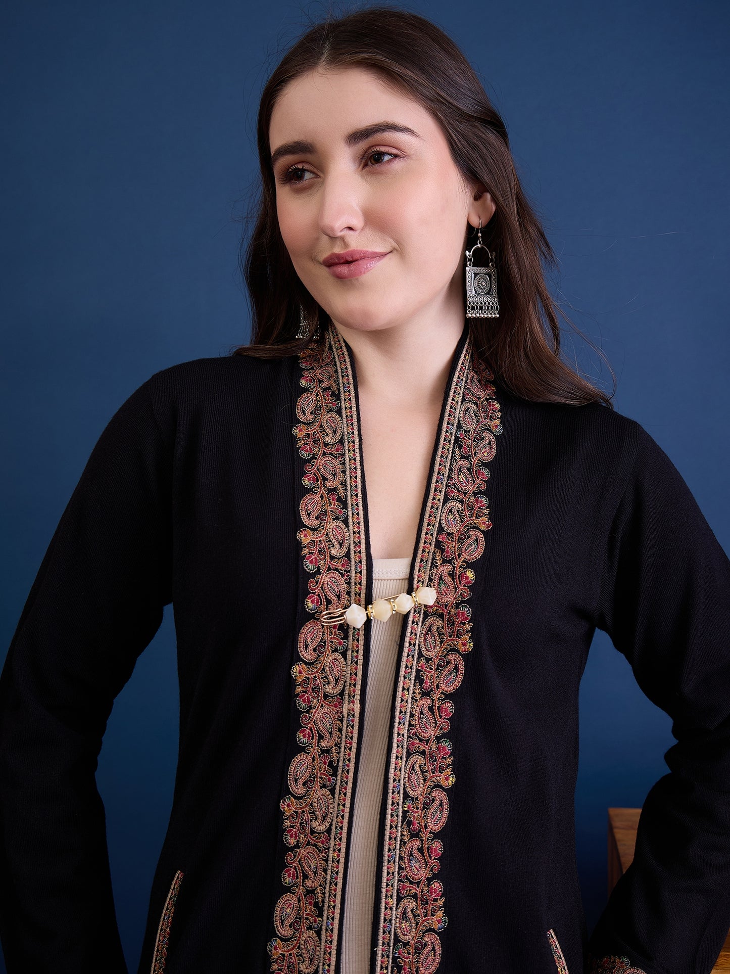 clapton Black Pure Wool Long Jacket from Kashmir with Paisley Aari Embroidery on Border (Copy) (Copy) (Copy)
