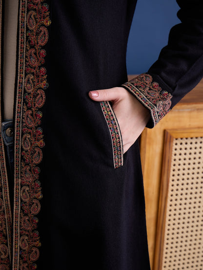 clapton Black Pure Wool Long Jacket from Kashmir with Paisley Aari Embroidery on Border (Copy) (Copy) (Copy)