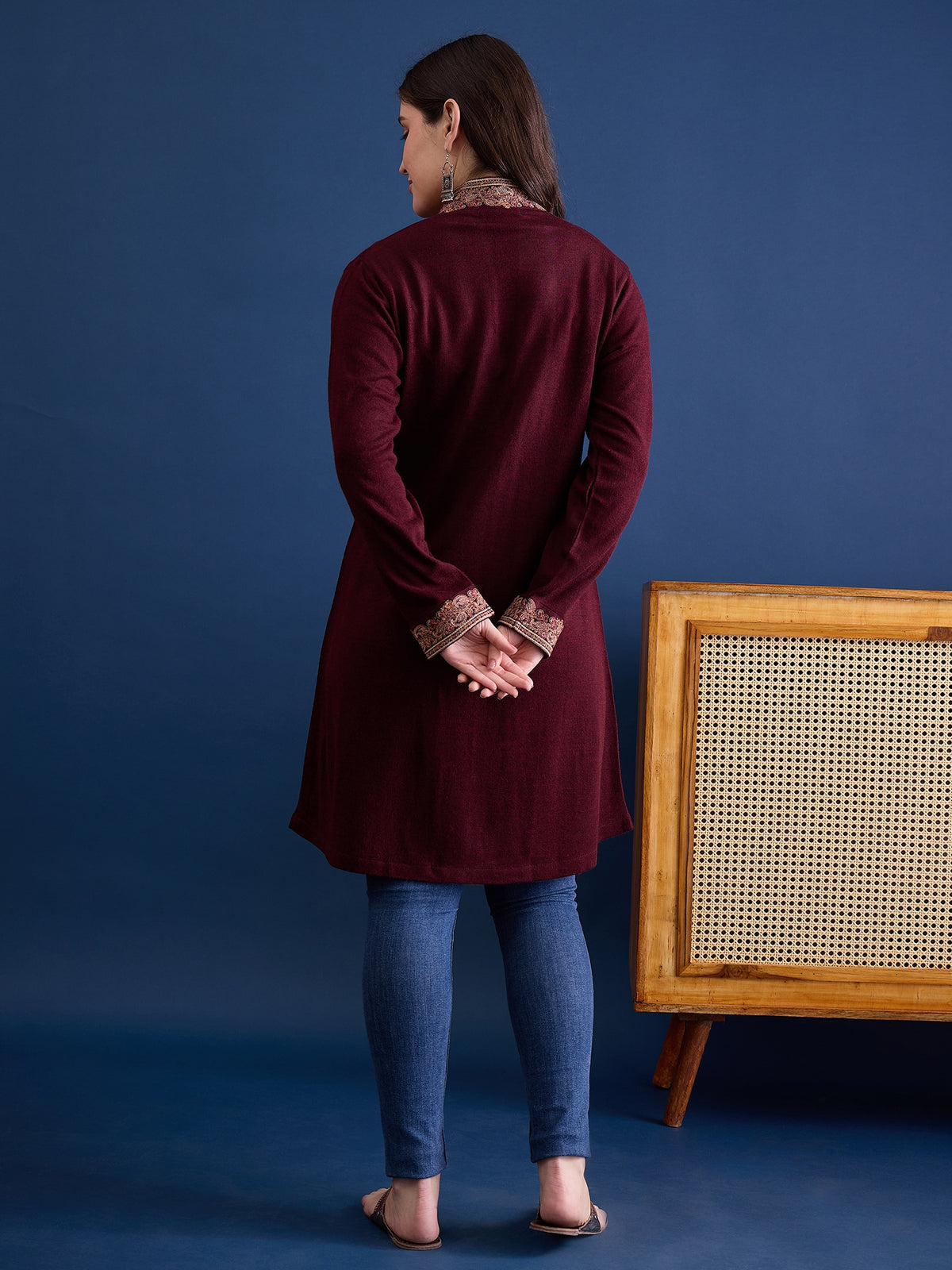 clapton MAROON Pure Wool Long Jacket from Kashmir with Paisley Aari Embroidery on Border (Copy) (Copy)