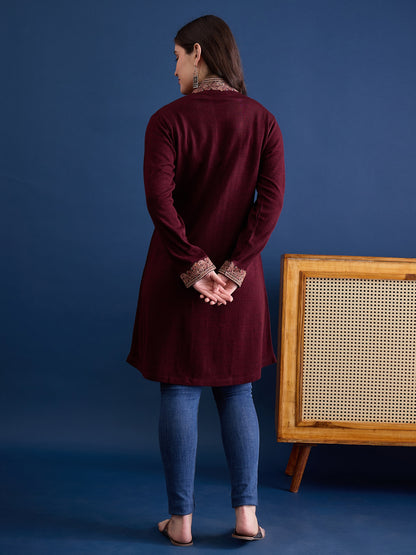 clapton MAROON Pure Wool Long Jacket from Kashmir with Paisley Aari Embroidery on Border (Copy) (Copy)