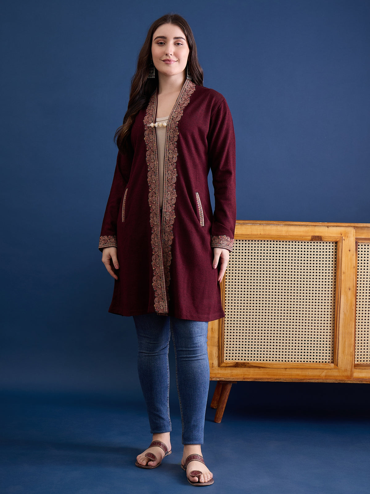 clapton MAROON Pure Wool Long Jacket from Kashmir with Paisley Aari Embroidery on Border (Copy) (Copy)