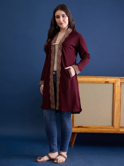 clapton MAROON Pure Wool Long Jacket from Kashmir with Paisley Aari Embroidery on Border (Copy) (Copy)