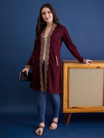 clapton MAROON Pure Wool Long Jacket from Kashmir with Paisley Aari Embroidery on Border (Copy) (Copy)