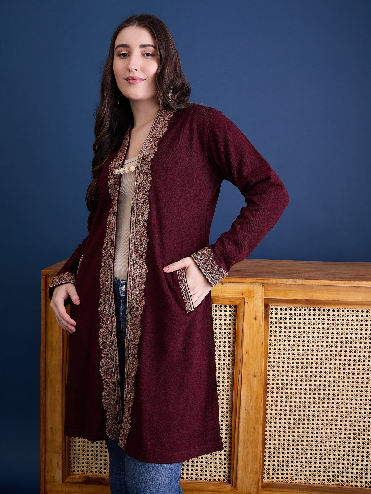 clapton MAROON Pure Wool Long Jacket from Kashmir with Paisley Aari Embroidery on Border (Copy) (Copy)