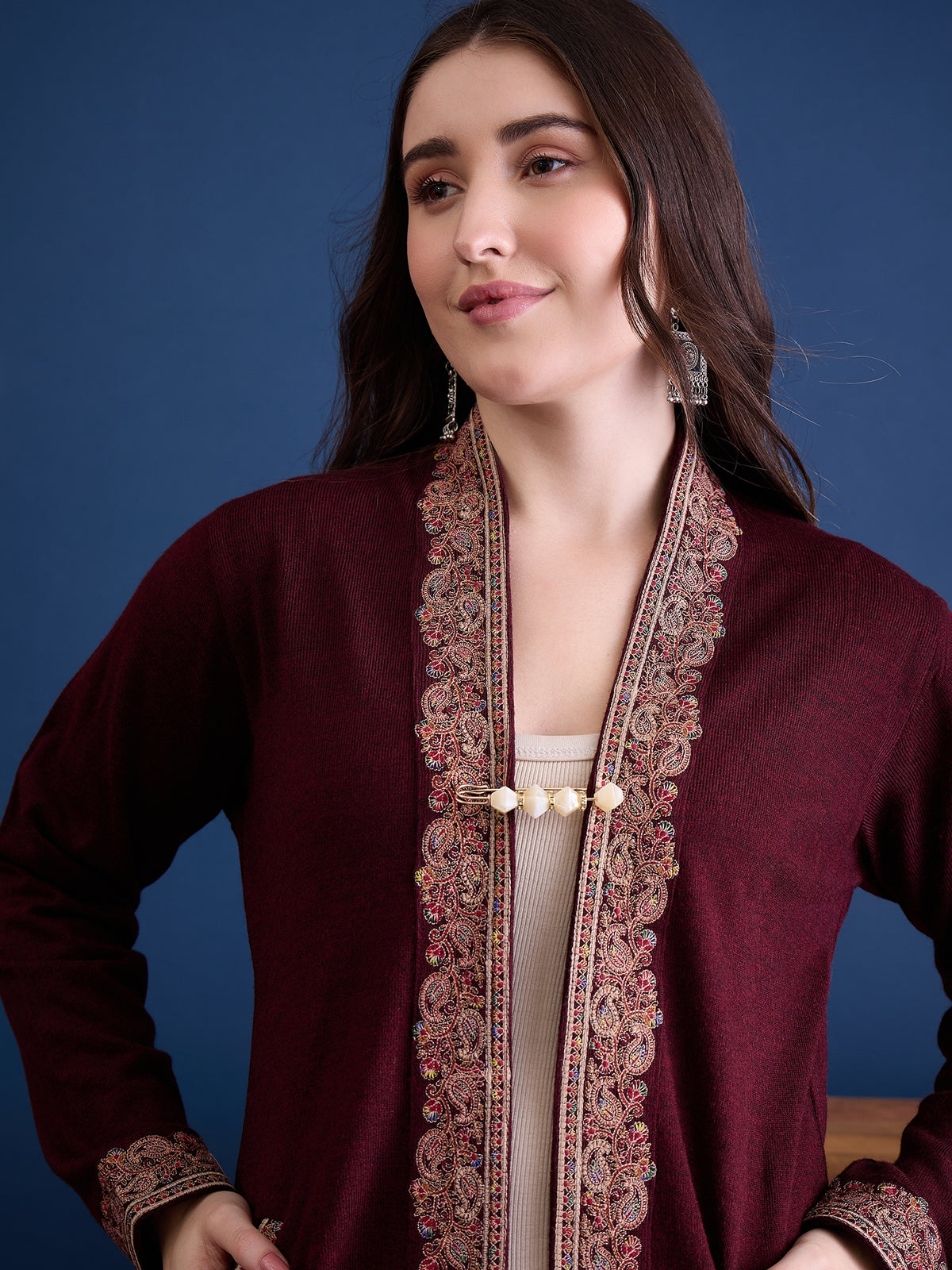 clapton MAROON Pure Wool Long Jacket from Kashmir with Paisley Aari Embroidery on Border (Copy) (Copy)
