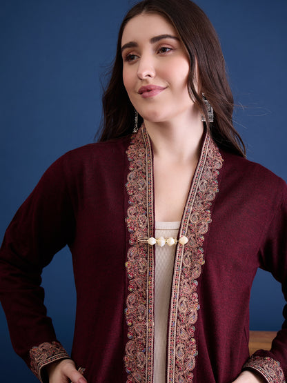 clapton MAROON Pure Wool Long Jacket from Kashmir with Paisley Aari Embroidery on Border (Copy) (Copy)