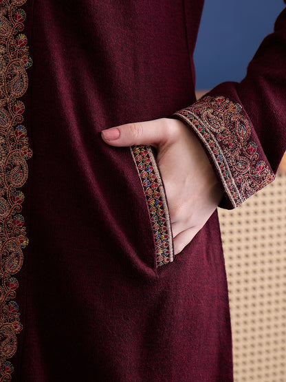 clapton MAROON Pure Wool Long Jacket from Kashmir with Paisley Aari Embroidery on Border (Copy) (Copy)