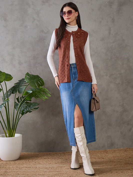 Clapton Women’s  Woolen Sleeveless Sweater with Floral Embroidery Brown