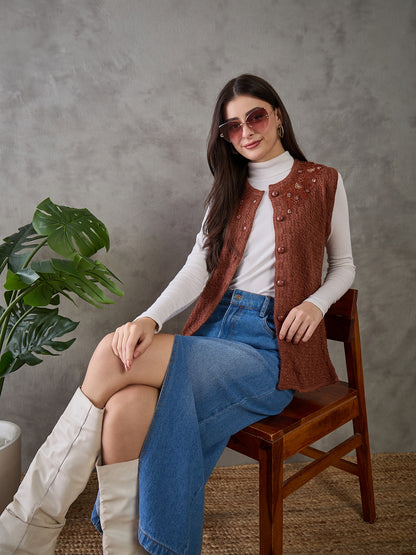 Clapton Women’s  Woolen Sleeveless Sweater with Floral Embroidery Brown